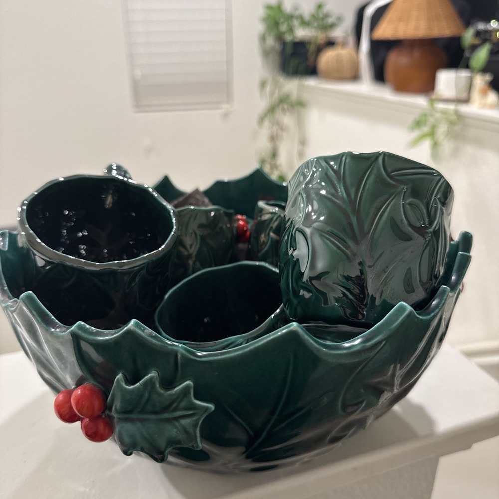 Vintage MCM Lefton Green Holly Berry Christmas Punch Serving Bowl 5 Cups